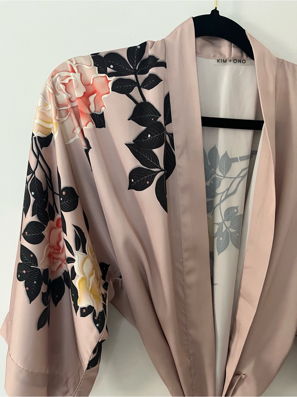 Long Floral Satin Kimono Robe - Pink - Picture 4 of 7